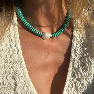 Turquoise Howlite and Baroque Pearl Necklace, Chunky Summer Statement Jewelry, Bold Boho Choker for Beach Lovers