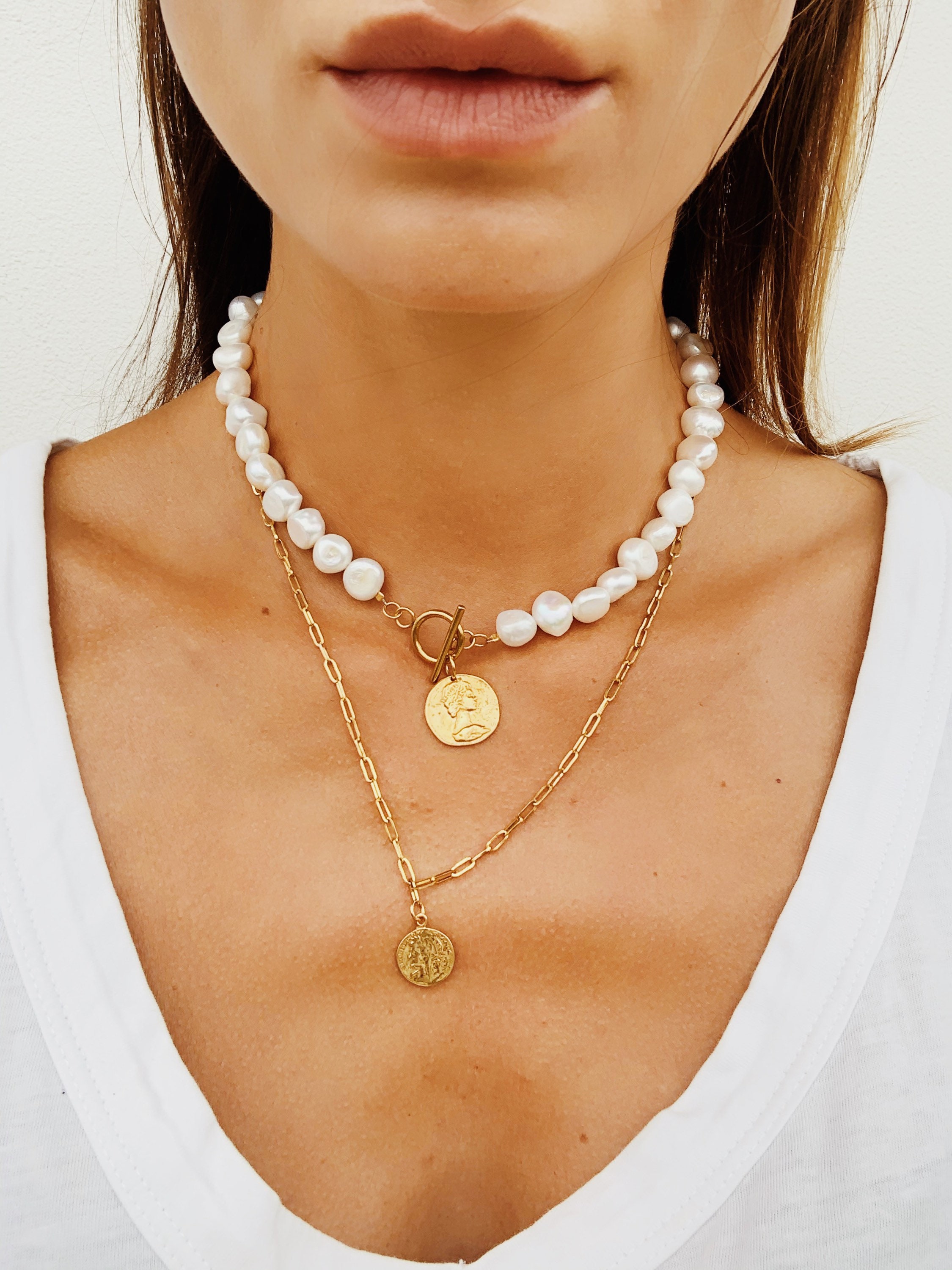 Baroque Pearl Necklace With Gold Coin Pendant: Freshwater Pearl