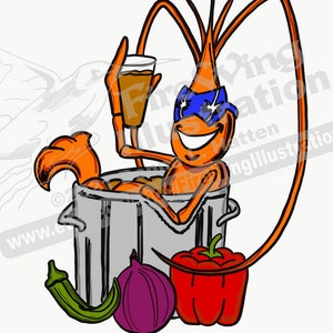 May include: A cartoon illustration of a shrimp wearing sunglasses and holding a glass of beer, sitting in a pot with vegetables, including a red pepper, an onion, and okra.
