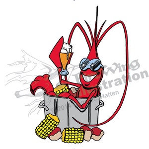 May include: A cartoon lobster wearing sunglasses and holding a glass of beer is sitting in a pot with corn on the cob. The lobster is red and the pot is silver.