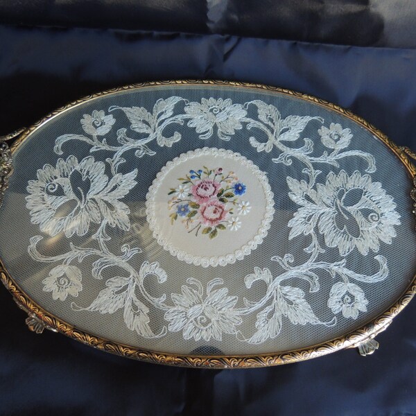 Petit Point Lace Embroidered Oval Vanity Dressing Table Tray Filigree Ormolu