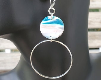 Marbled Blue Green, Silver, and White Shimmery Clay and Sterling Hoop Lever Back Earrings