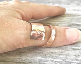 Heart Stamped Copper Cuff Thumb Ring | Wraparound Thumb Ring | Love Ring | Adjustable Thumb Cuff | Pictured in Size 9