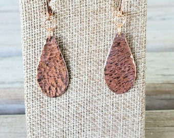 Hammered Copper Teardrop Lever Back Earrings