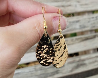 Brass Earrings | Hammered Gold Earrings | Textured Jewelers Brass Earrings | Hammered Brass Teardrop Earrings | Gold French Wire Earrings