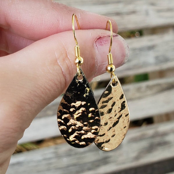 Brass Earrings | Hammered Gold Earrings | Textured Jewelers Brass Earrings | Hammered Brass Teardrop Earrings | Gold French Wire Earrings