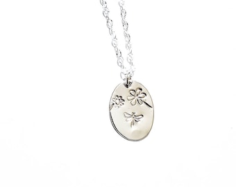 Dragonfly Flower Sterling Silver Charm Necklace | Handcrafted Oval Pendant