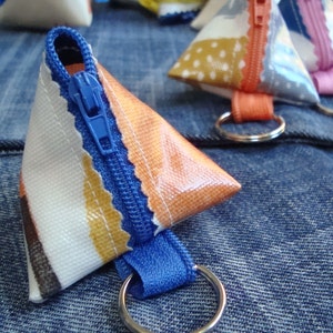 May include: A small, triangular zippered pouch with a blue zipper and a key ring. The pouch is made of fabric with a white, orange, and brown geometric pattern. The pouch is sitting on a blue denim surface.