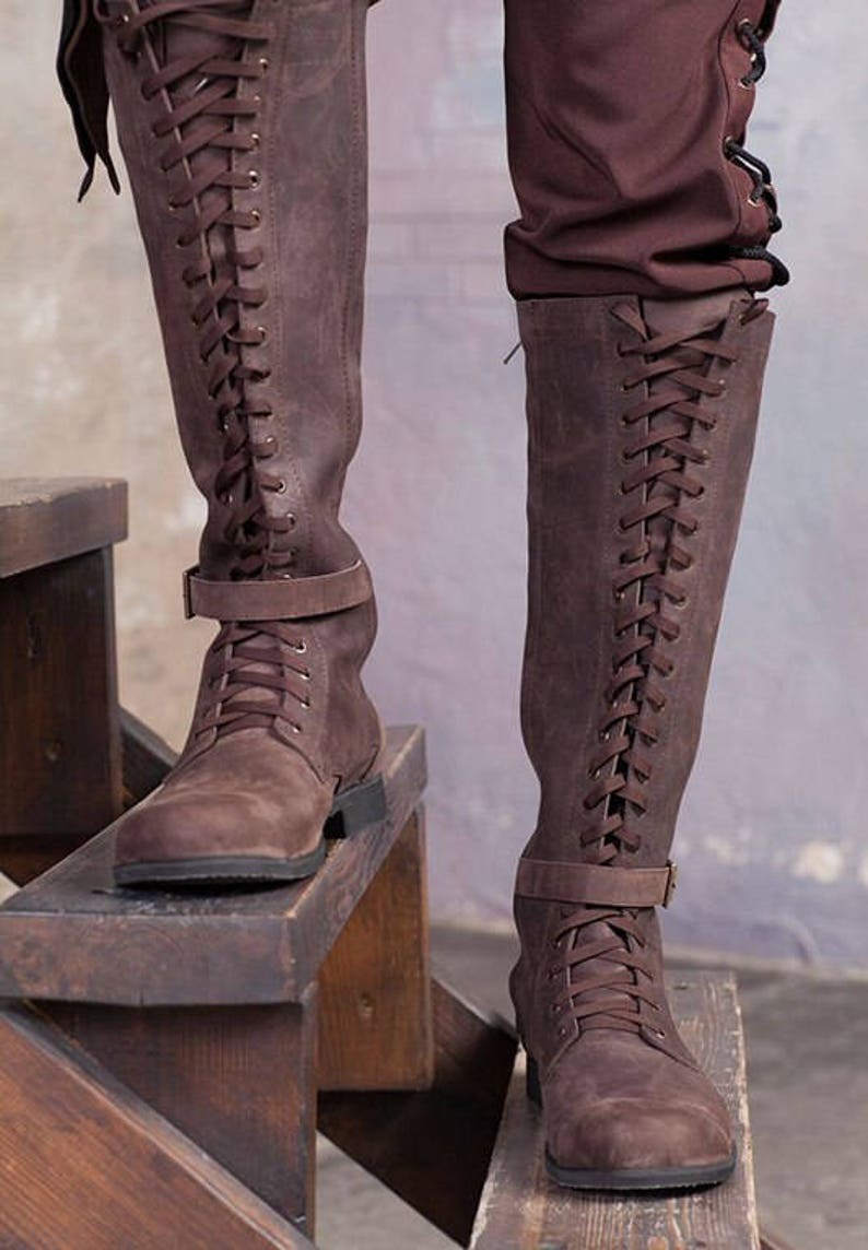 Knee high mens boots / Lace up medieval leather boots / | Etsy