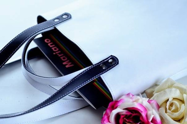 White and black leather shopper bag simple women/'s tote