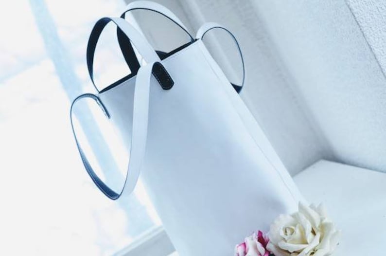 White and black leather shopper bag simple women/'s tote