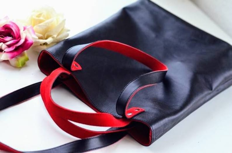 White and black leather shopper bag simple women/'s tote