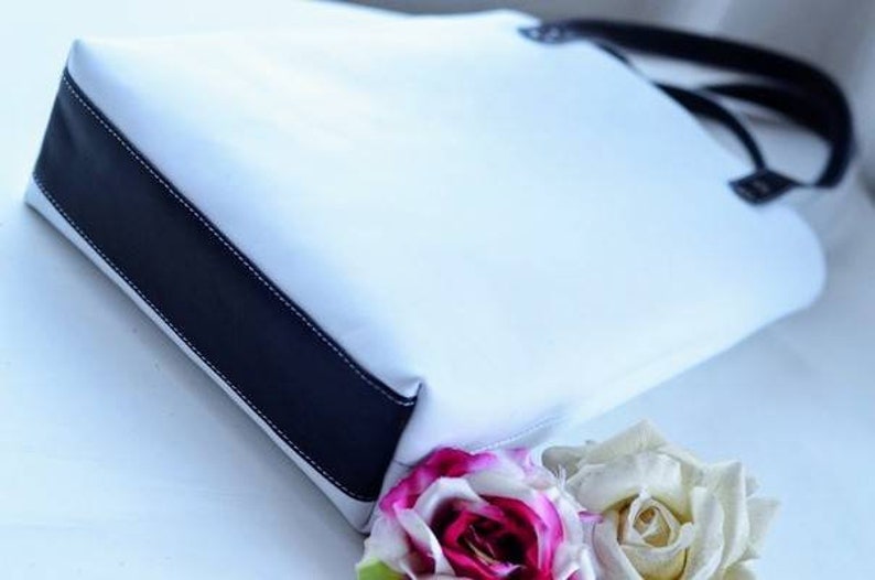 White and black leather shopper bag simple women/'s tote