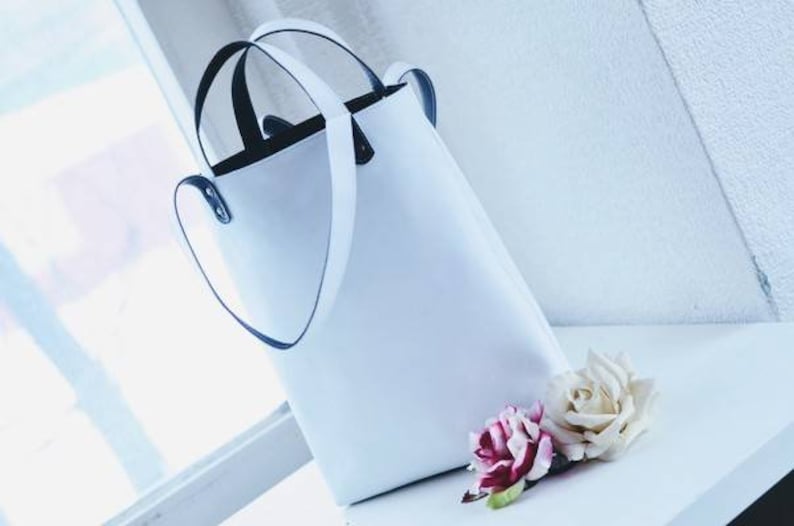 White and black leather shopper bag simple women/'s tote