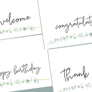 4 cards, instant print, happy birthday, thank you, welcome, congratulations, printable cards, print at home