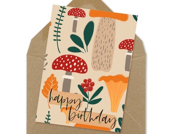 happy birthday mushroom card, printable, digital card, download | A6