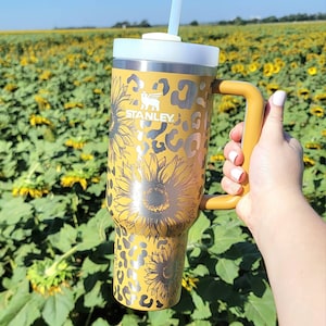 Engraved Sunflower Leopard Print Stanley - Stanley 2.0 - Engraved Tumbler - Custom Stanley - Summer Gift - Water Tumbler