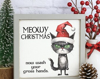 Meowy Christmas Cat Bathroom Sign, Funny Holiday Decor