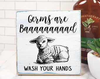 Germs Are Bad Wash Your Hands Wood Sign, Sheep Pun Restroom Sign, Farm Decor Mini Bathroom Soap Dispenser Sign, Shelf Sitter, Lamb Pic