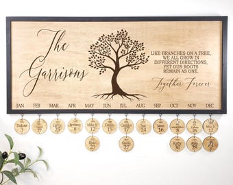 Family Tree Together Forever as One Family Birthday Board, Personalized Tree of Life Wall Calendar, Custom Wooden Celebrations Sign