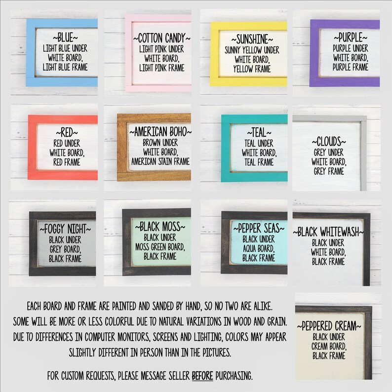 May include: Ten wooden signs with different color frames and text. Each sign has a different color frame and text. The text on each sign is a color name and a description of the color. The signs are all the same size and shape.