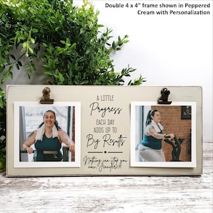 May include: A double 4 x 4 inch photo frame in Peppered Cream. The frame holds two photos and features the text "A Little Progress Each Day Adds Up To Big Results. Nothing can stop you now." with personalization.