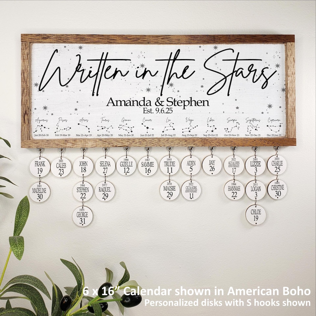 Family Names Framed Horoscope Sign, Written in the Stars Assembled Calendar Gift, Birthday Celebrations Tracker, Wood Perpetual Calendar