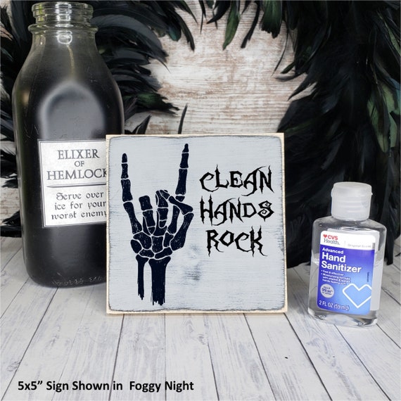 Clean Hands Rock Wood Sign, Skeleton Devil Horns Hand Halloween Decor, Sanitization Station Bathroom Soap Dispenser Sign, Wash Your Hands