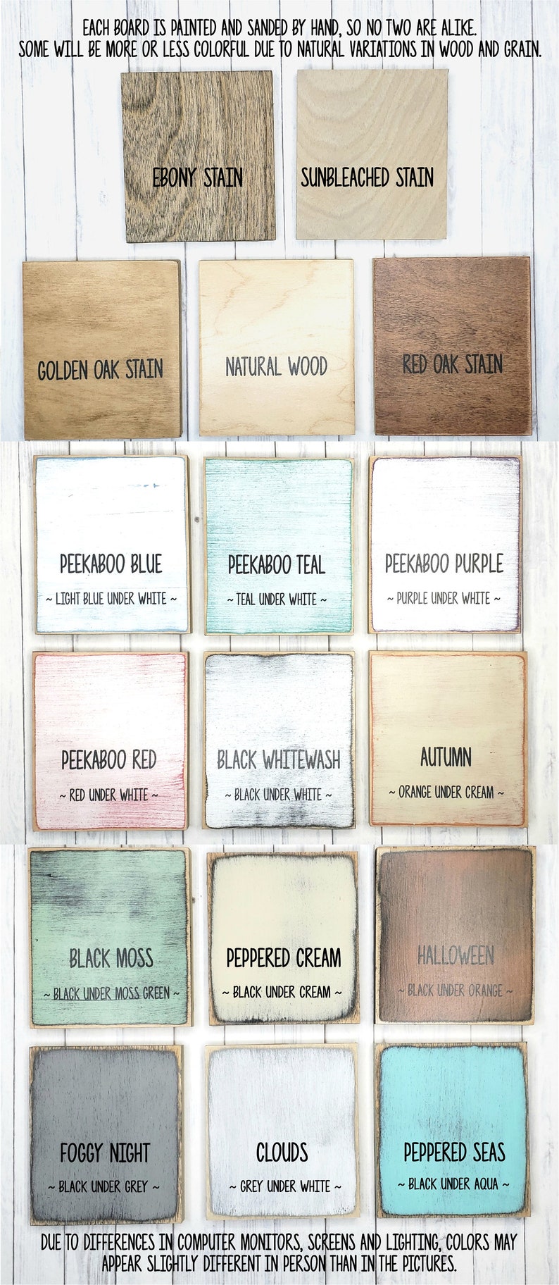 May include: A collection of 15 wooden signs with different paint colors and finishes. Each sign has a name and a description of the paint color and finish. The signs are arranged in a grid pattern.