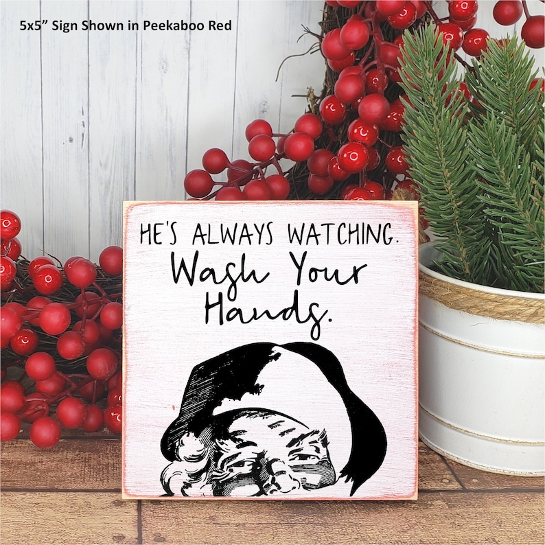 Santa's Always Watching Wash Your Hands Wood Sign, Funny Christmas Decor Restroom Sign, Mini Bathroom Soap Dispenser Sign, Guest Bath Decor image 1