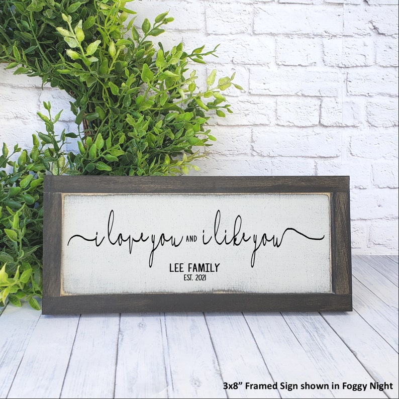 May include: A framed sign with the text "I love you and I like you" in a cursive font. Below the text is "Lee Family Est. 2021". The sign is 3x8 inches and is shown in a foggy night setting.