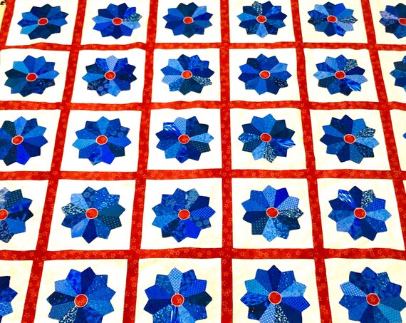 HOMEMADE Custom made Quilt 80” x 106” blue back and quilted