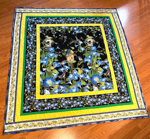 Quilt “Morning Glory” floral with multiple color back, custom designed homemade 62” x 68”