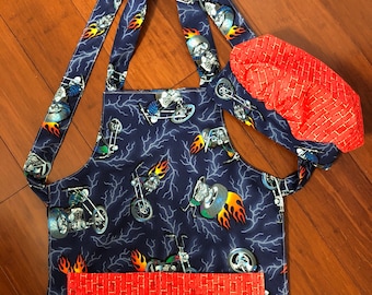 Children's aprons football, soccer, motorcycle, baseball, and monsters with hat and 2 mitts