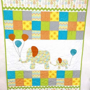 Elephant Baby Quilt: Appliqued Cotton Play Blanket, 42x54