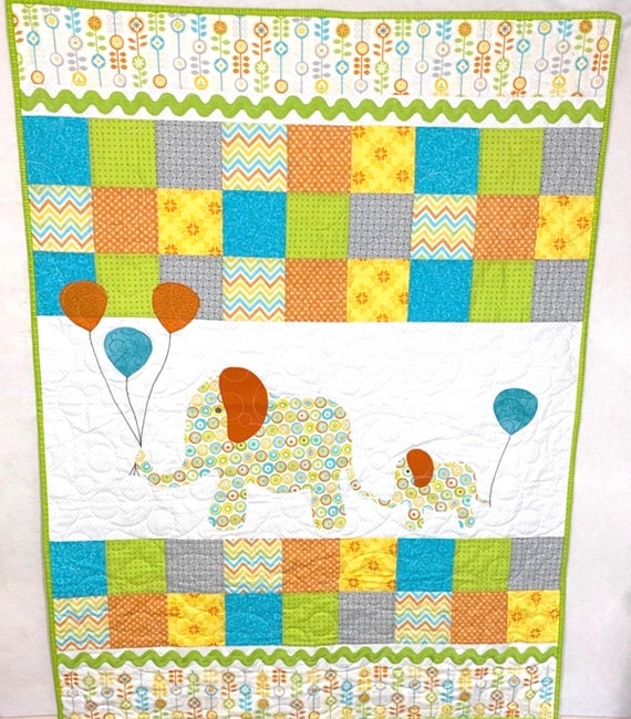 Elephant Baby Quilt: Appliqued Cotton Play Blanket, 42x54