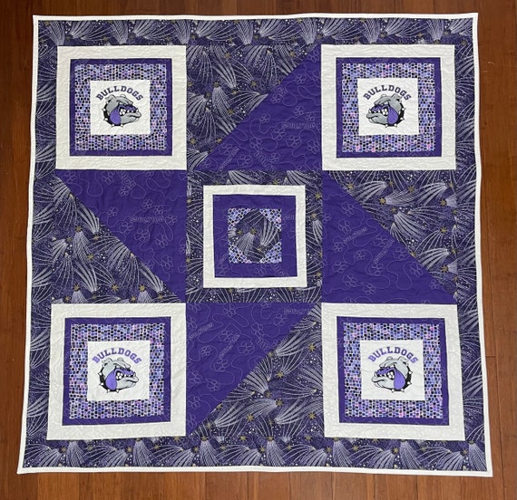 Bulldog purple custom homemade quilt 50” x 50”