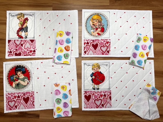 Valentines Day Placemats 13” x 19” with Napkins 16”, Set of 4