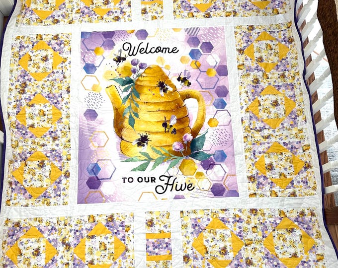 Welcome to the hive! quilt 72” x 80” matching tote bag 18” x 22”