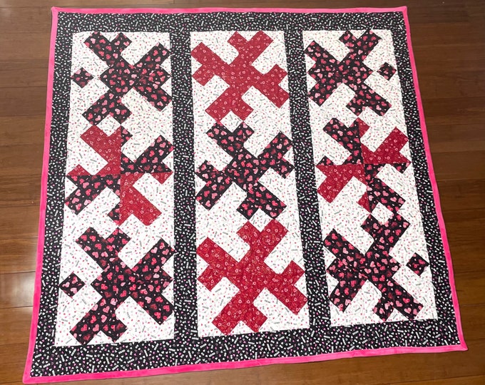 Mixed up Love quilt / wedding / pink minky back / homemade custom quilt 59” x 61”