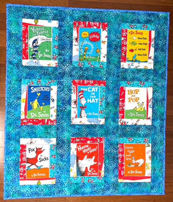 Quilt “Books” blue back, custom designed homemade 50” x 58”