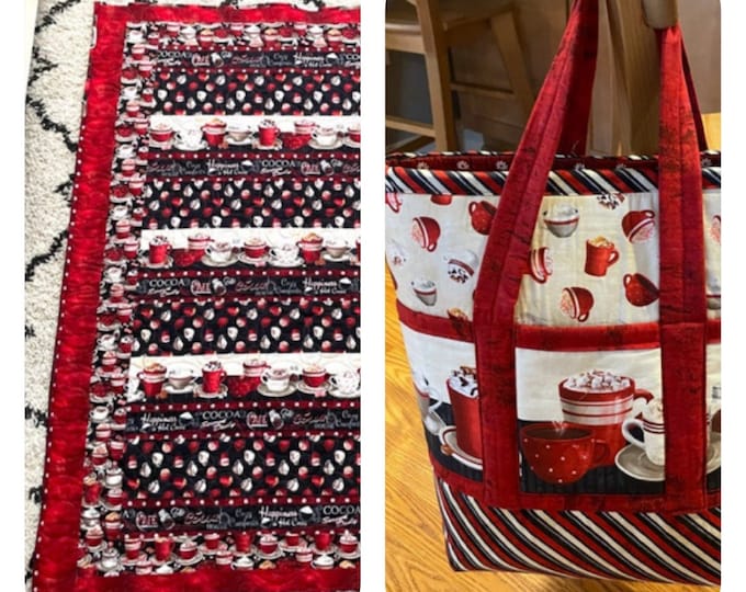 Homemade “Hot Hot Hot Cocoa” custom made quilt 58” x 70” and padded fabric purse for easy gifting