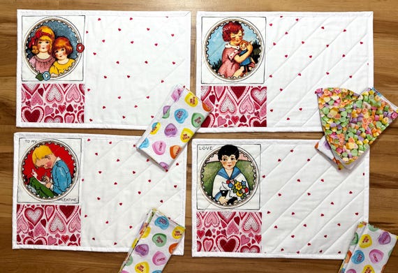 Valentines Day Placemats 13” x 19” with Napkins 16”, Set of 4