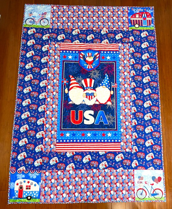Homemade quilt “USA camping Gnomes”one of a kind designed quilt 53” x 74”