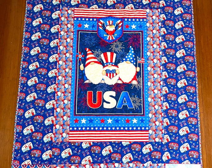 Homemade quilt “USA camping Gnomes”one of a kind designed quilt 54” x 74”