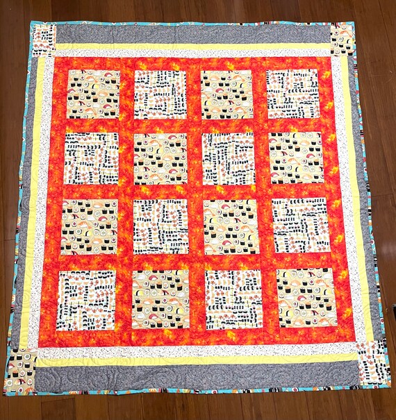 Custom “I love Sushi” quilt machine quilted swirling lightweight blanket 58” x 64” One of a kind