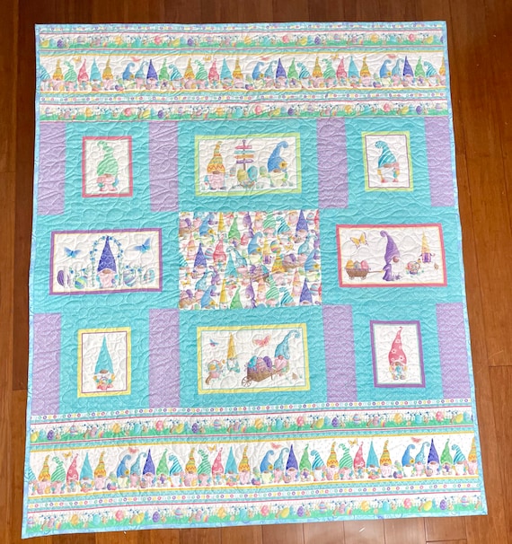 Homemade quilt “Gnome’s Easter Party” one of a kind designed quilt 57” x 68”