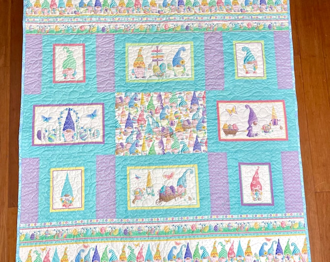 Homemade quilt “Gnome’s Easter Party” one of a kind designed quilt 57” x 68”