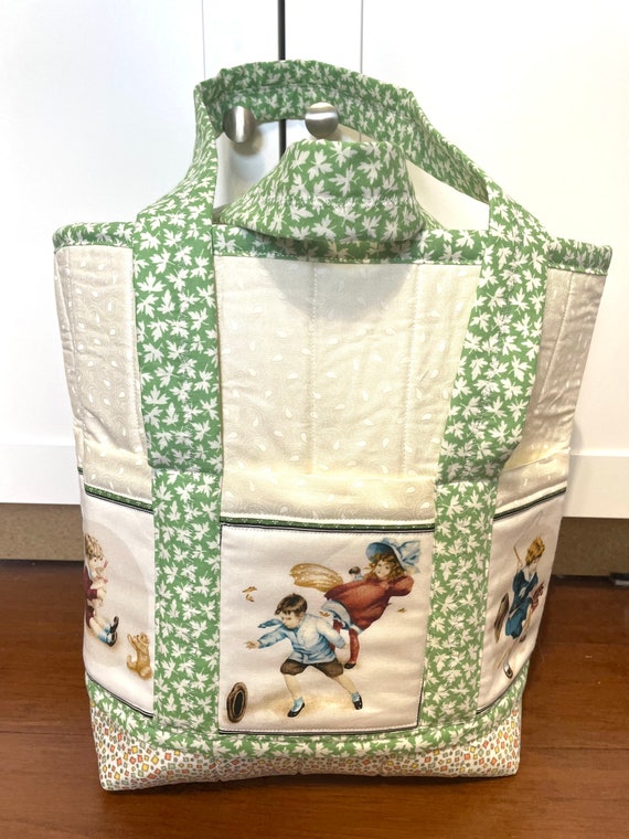 Nostalgic children padded bag for shopping, diaper bag, travel or beach with 6 outside pockets