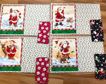 Holiday Santa placemats reversible with bells on other side set of 4 with napkins